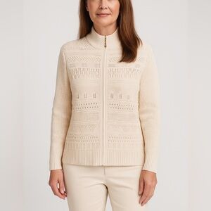 ST. JOHN COLLECTION Full Zip Knit Mock Neck Eyelet Stitched Cardigan Sweater 6